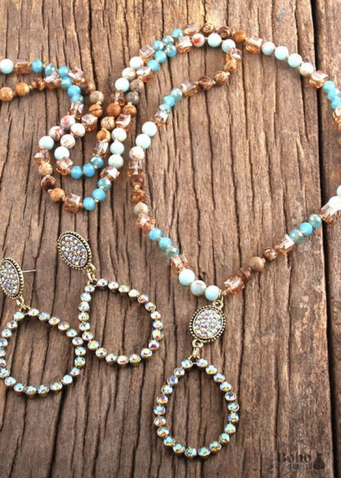 Boho Necklace, Jewelry Set, RH Amazonite Crystal Green Black Natural Stone